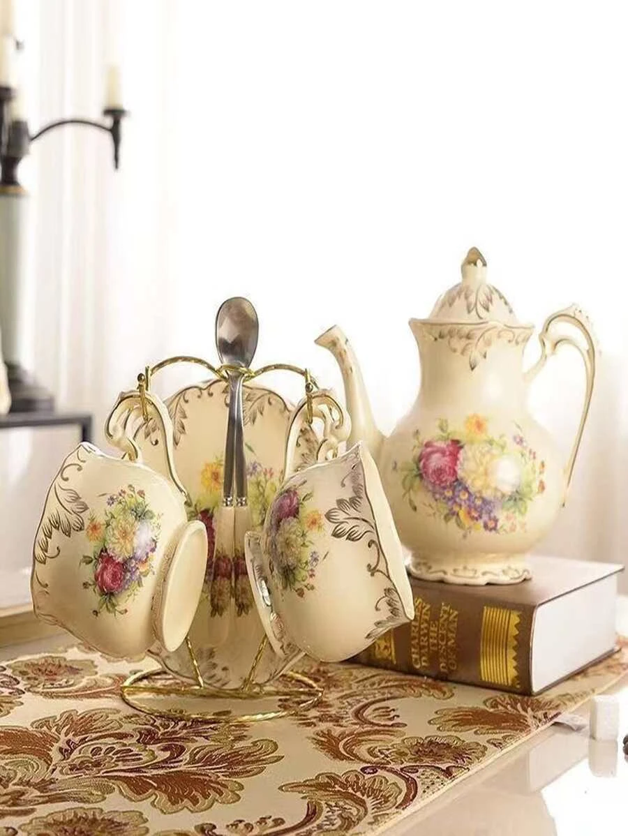 7 ชิ้น/เซ็ต กาน้ำชา & แก้วมัค & ทันสมัย ลาย ดอกไม้ กาน้ำชา เซ็ต สำหรับ โต๊ะ  oo-184