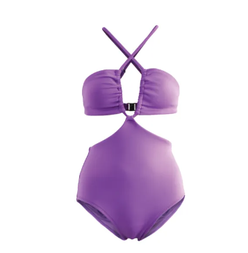 VA43-SS2023 PURPLE CUT OUT SWIMMING SUIT ชุดยว่ายน้ำสีเหลือง สายปรับได้ ใส่ได้ 2 แบบ ใส่ว่ายน้ำ มีฟองน้ำในตัวผ้าหนา กัน UV UPF 50+