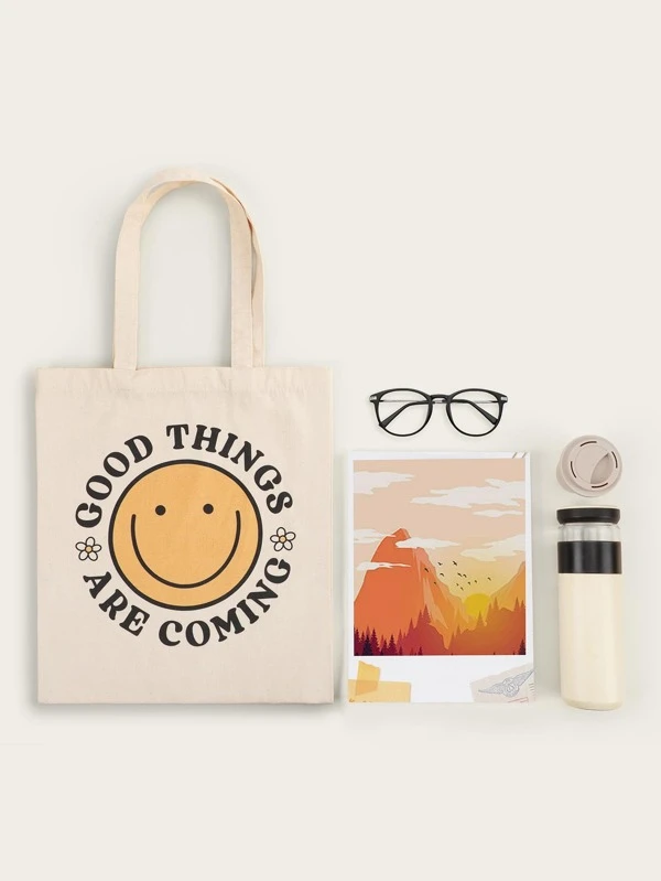 กระเป๋าช้อปปิ้ง ผ้าใบ รูปสีหน้า & พิมพ์ ตัวอักษร n-40