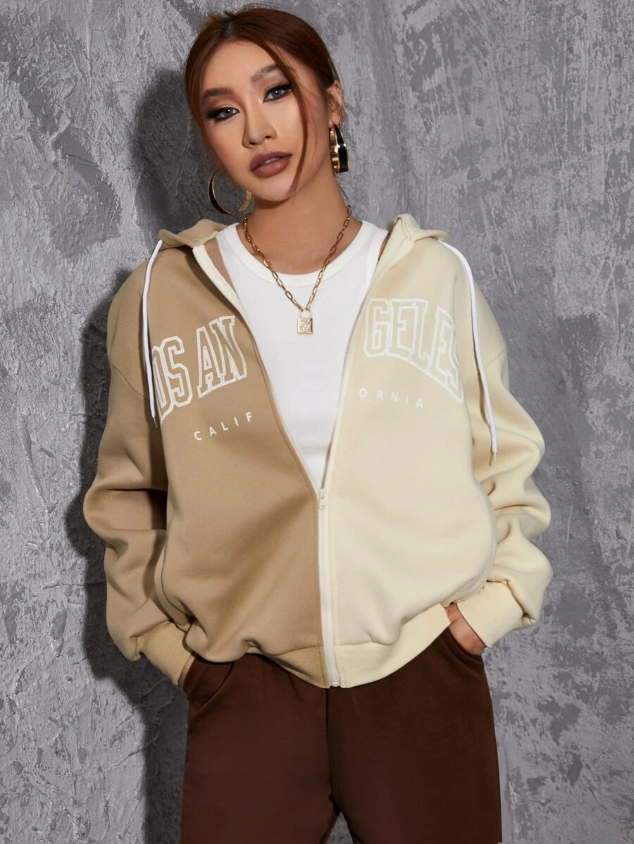 ฮู้ดดี้ ภาพกราฟิกตัวอักษร บล็อคสี ไหล่ตก ความร้อน สายรัด  cc-95