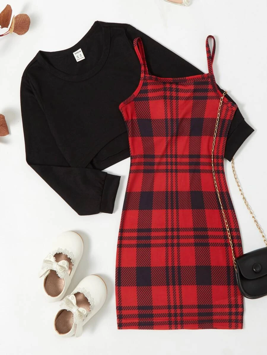 เด็กผู้หญิง คามีเดรส ลายสก็อต พร้อมเสื้อยืด a-10