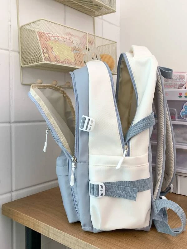 กระเป๋าเป้สะพายหลัง ทูโทน แพทช์ การ์ตูน กระเป๋าด้านหน้า  ll-101