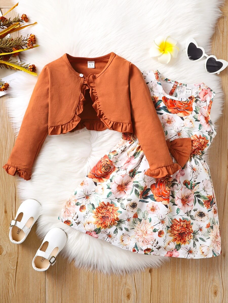 เด็กผู้หญิง เสื้อท็อป นัวเนีย & เดรส โบว์หน้า ลายดอกไม้ทั้งตัว a-22