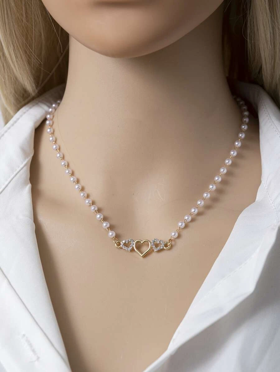 สร้อยคอ ระดับพลอยไรน์สโตน ตกแต่งรูปหัวใจ ไข่มุกเทียม jj-53