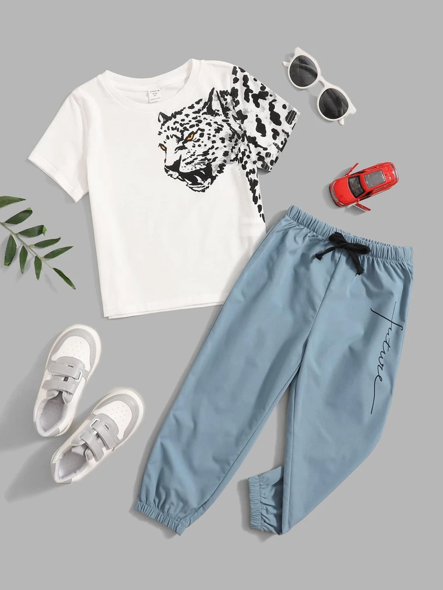 เด็กผู้ชาย เสื้อยืด ลาย เสือดาว & กางเกงขาเดฟ พิมพ์ ตัวอักษร b-94