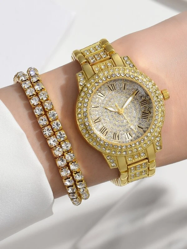 นาฬิกาข้อมือ แต่งเพชร หน้าปัดกลม และ สร้อยคอ 1 ชิ้น  น-169