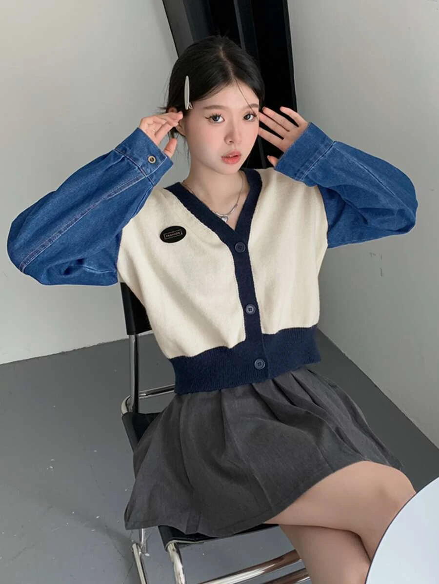 Honeyspot เสื้อคาร์ดิแกน ครอป แขนเสื้อที่ตัดกัน เย็บปะ i-48