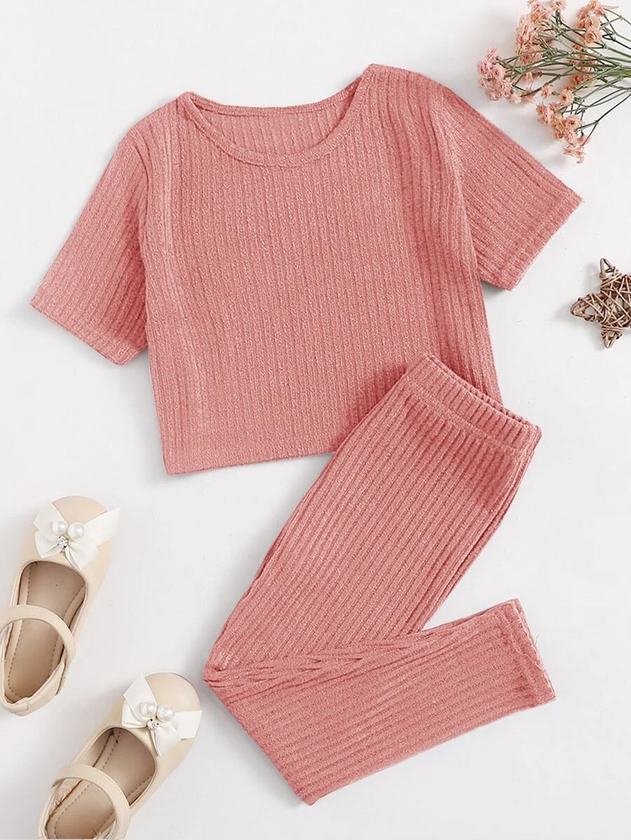 เด็กผู้หญิงวัยหัดเดิน ลายถัก ของแข็ง เสื้อยืด & เลกกิ้ง a-63