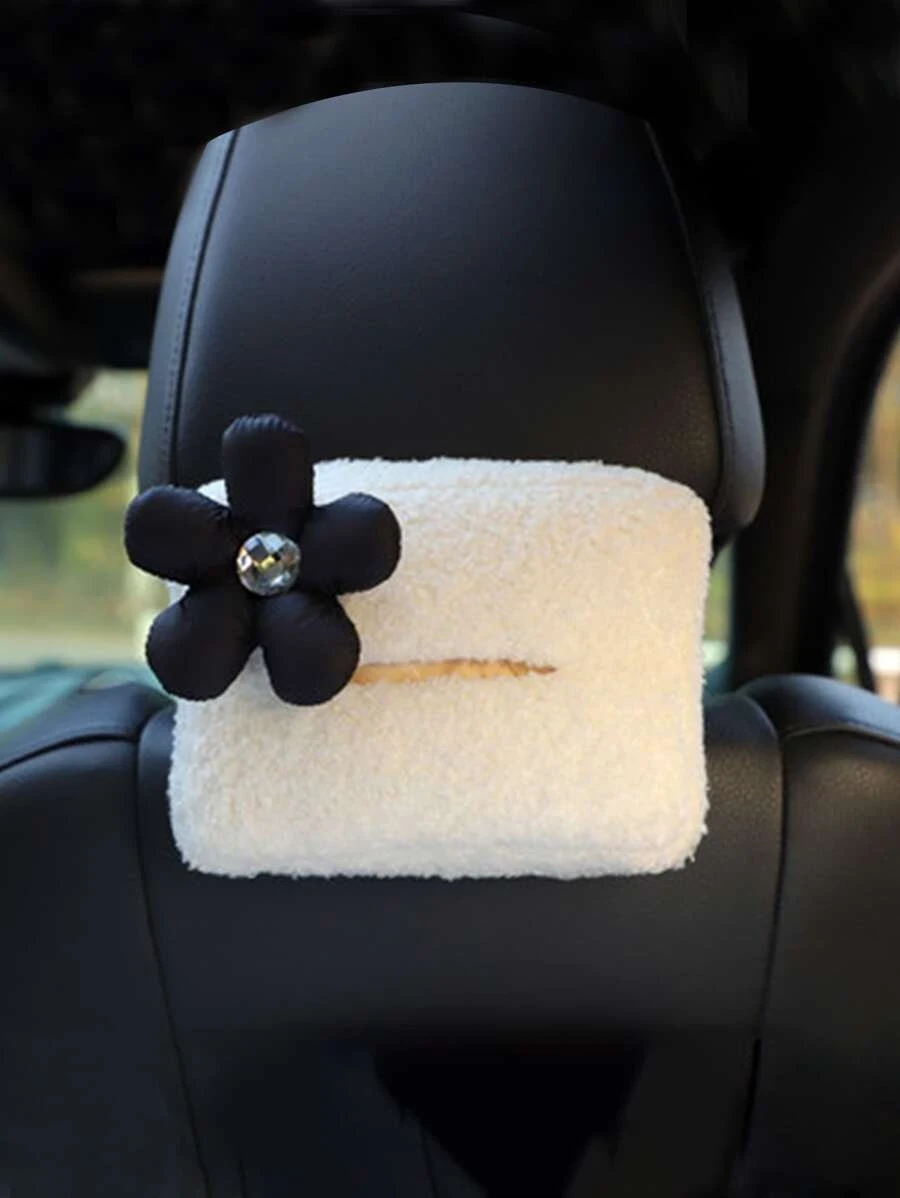 กล่องทิชชู่ เบาะหลังรถยนต์ 1 ชิ้น ลายดอกไม้ แต่งขน  nn-.200