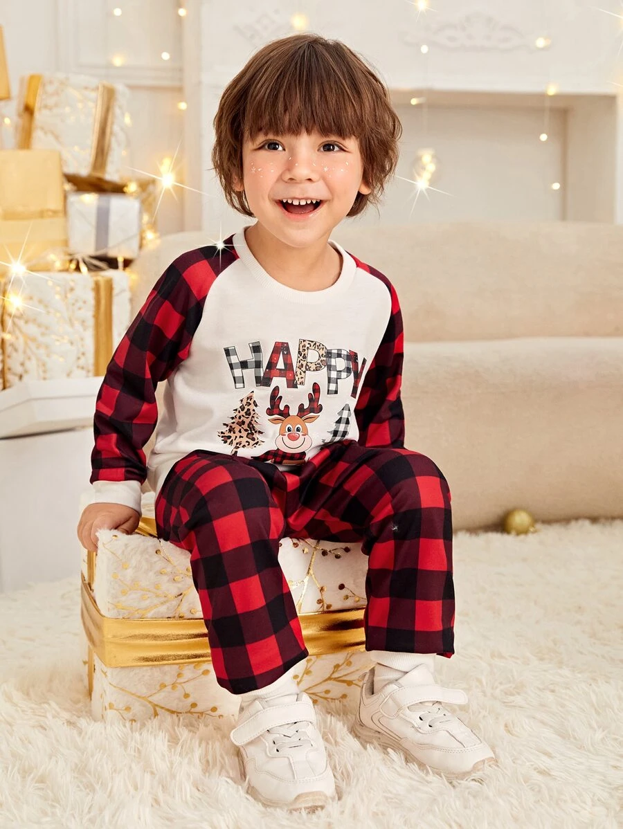 เด็กผู้ชาย เสื้อสเวตเตอร์ & กางเกงวอร์ม คริสต์มาส และ พิมพ์ลาย ลายสก๊อตควาย แขนเสื้อตะเข็บเย็บเฉียง b-17