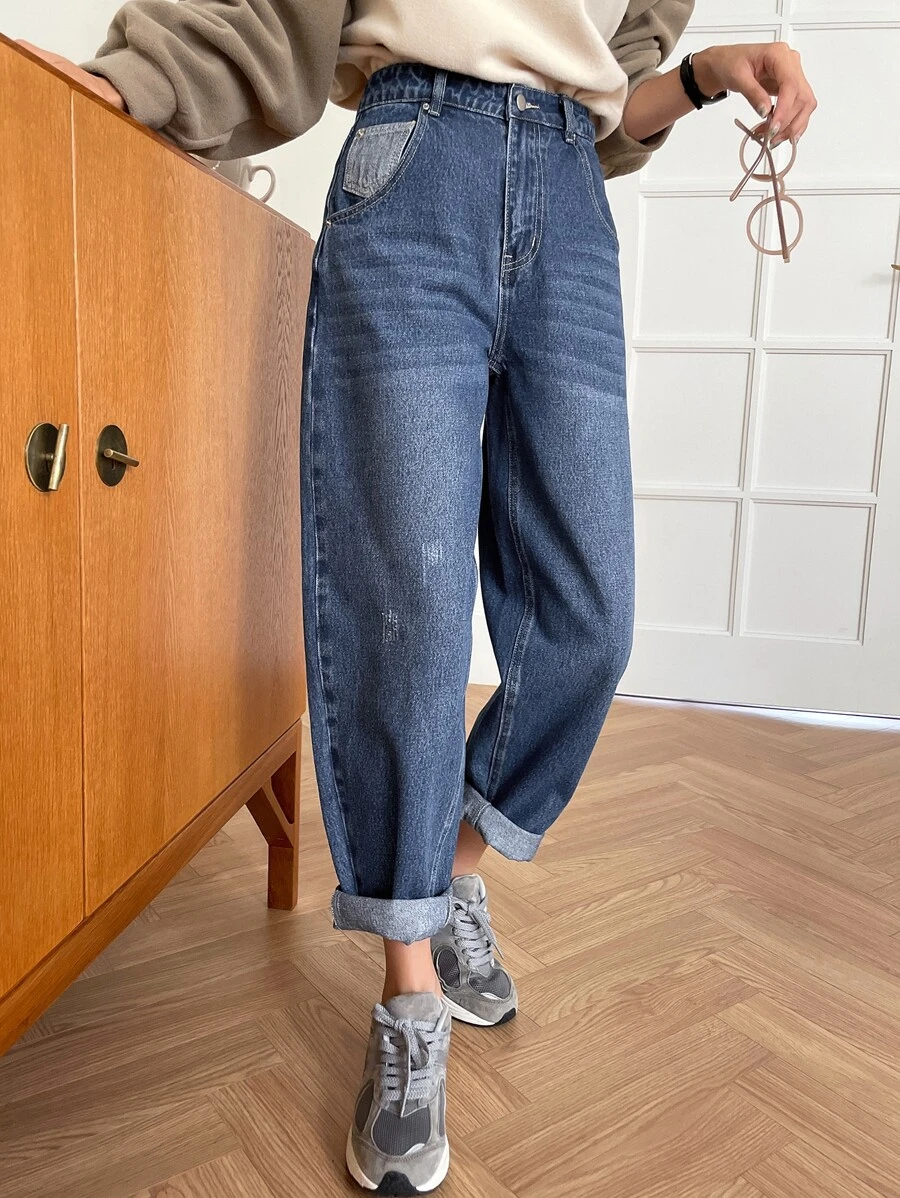 กางเกงยีนส์ ทรงตรง เอวสูง รอยขีดข่วนแมว ee-42