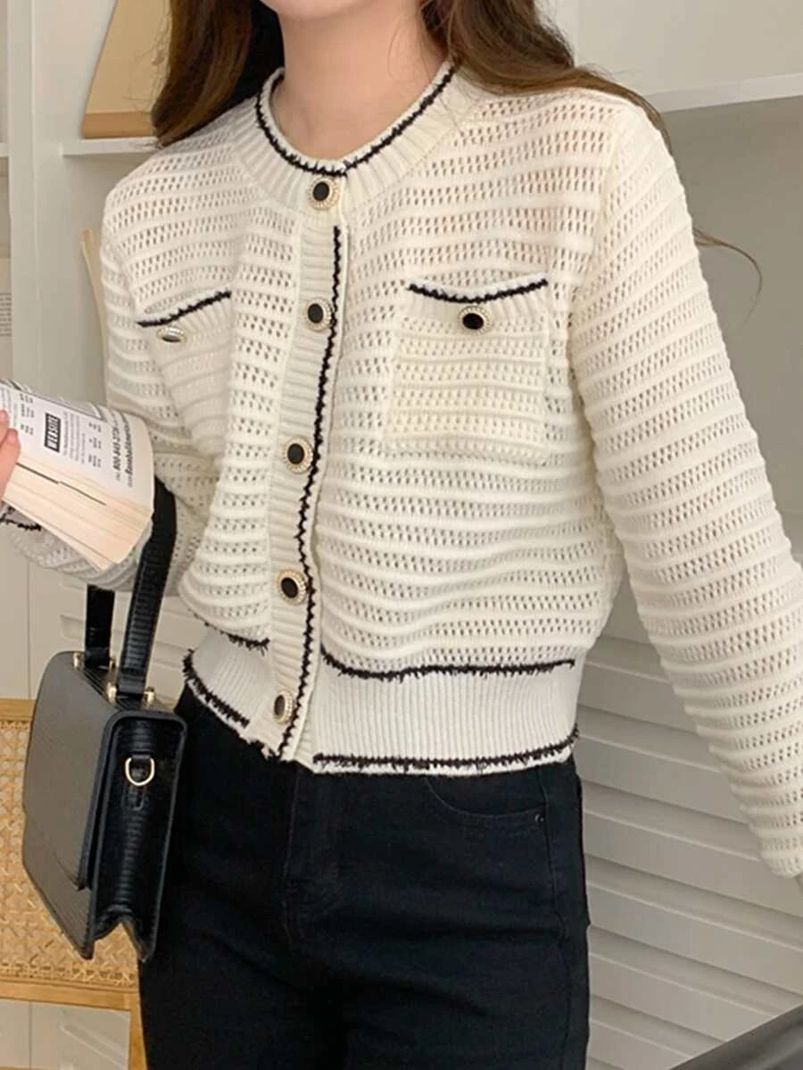คาร์ดิแกน กระเป๋าด้านหน้า ถักลายพอยท์เทล i-70