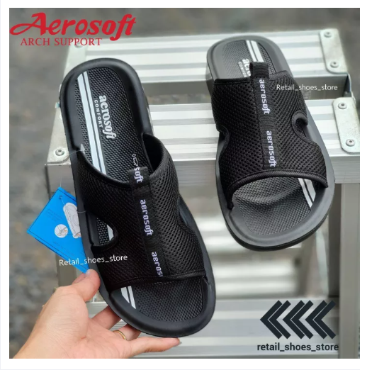 SAN95-รองเท้าแตะผู้ชาย Aerosoft (แอโร่ซอฟ) หน้าผ้าพื้นบาง รุ่น4901 สีดำ