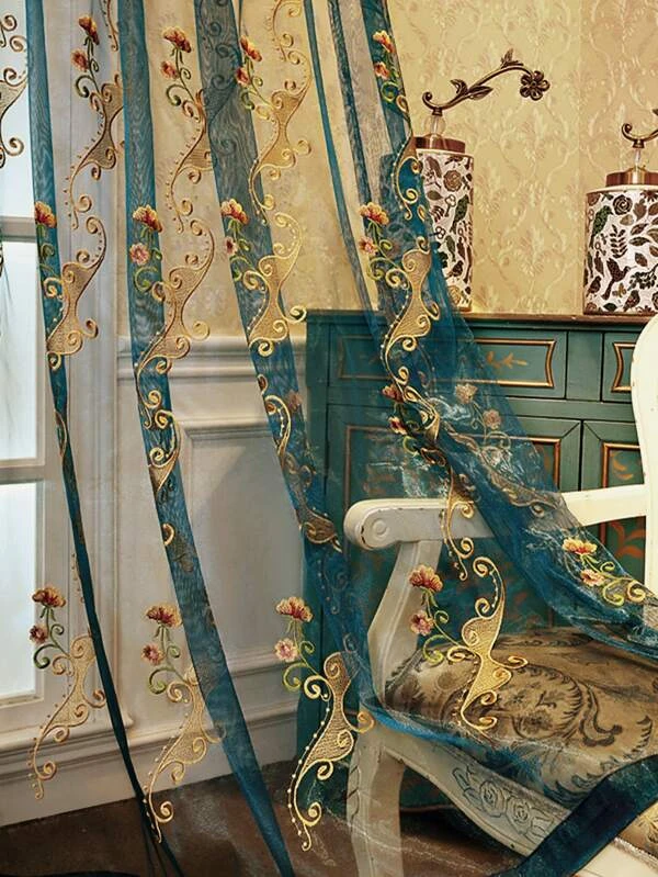 ผ้าม่านเชียร์ งานปัก ดอกไม้ 1 ชิ้น  0048