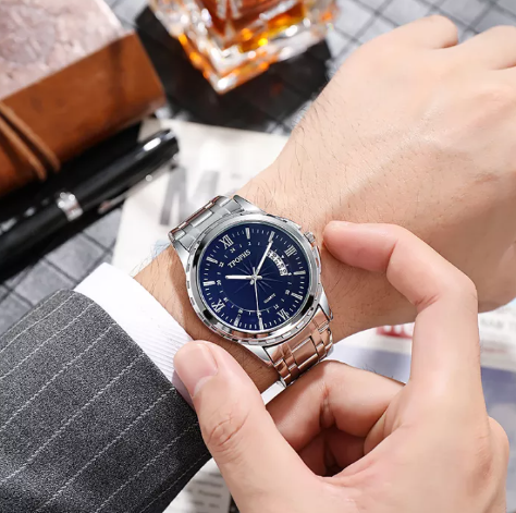 EW28-TPOFHS ใหม่นาฬิกากันน้ำสีน้ำเงินแก้วเหล็กเข็มขัดผู้ชายนาฬิกาปฏิทิน