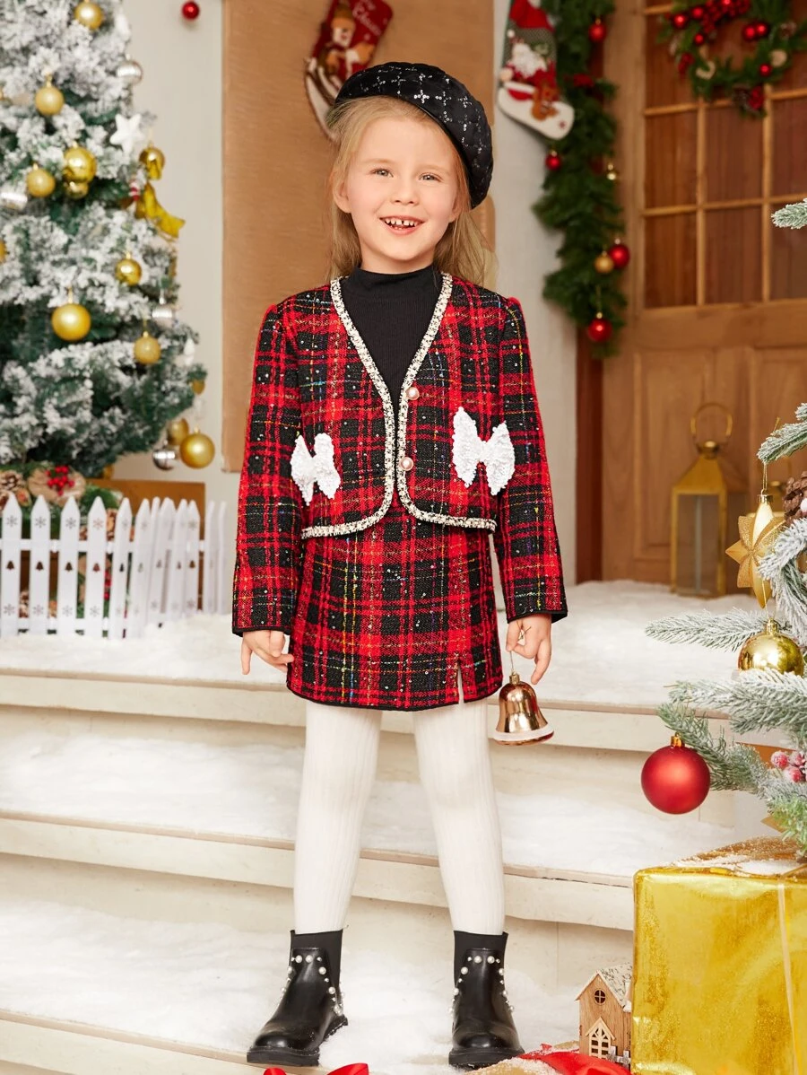 เด็กผู้หญิง 1 ชิ้น โอเวอร์โค้ท ขอบผูก บล็อกสี โบว์หน้า ลายสก็อต & 1 ชิ้น กระโปรง a-13