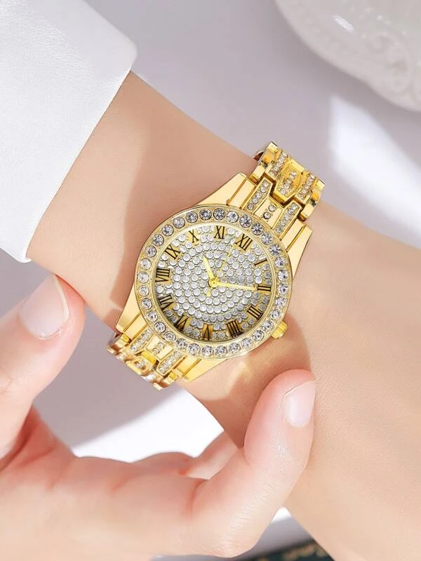 นาฬิกาควอทซ์ ตัวชี้ แบบกลม ตกแต่ง พลอยเทียม  น-50