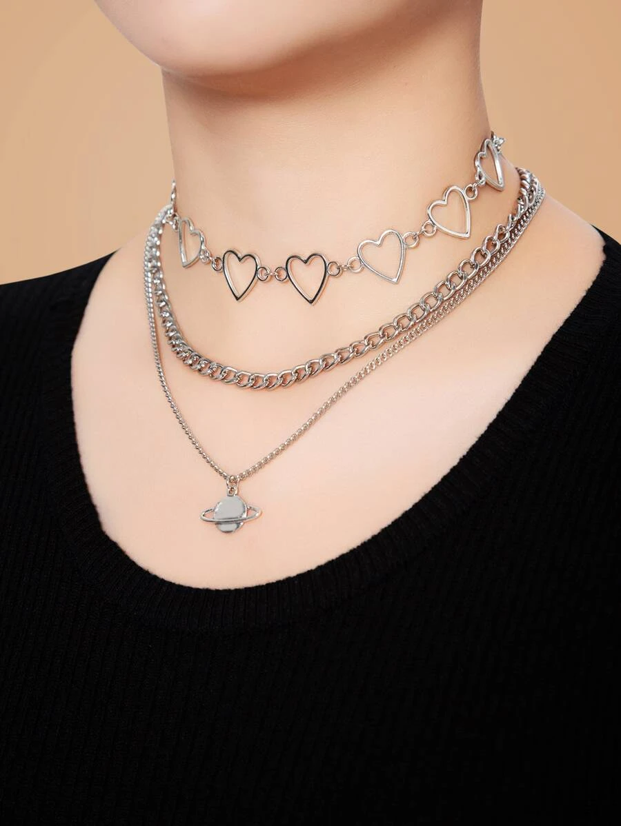 ROMWE Grunge Punk สร้อยคอโซ่ ตกแต่งดาวเคราะห์ 3ชิ้น kk-69