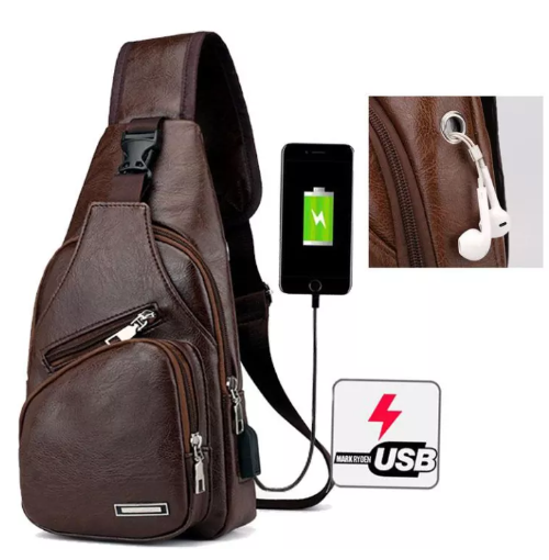 BAG77-กระเป๋าสะพายหนังเย็นสบาย ๆ แฟชั่นผู้ชายกระเป๋า Messenger USB ชาร์จหลุมหูฟังภายนอกมัลติฟังก์ชั่ความจุขนาดใหญ่กระเป๋าหน้าอกป่า