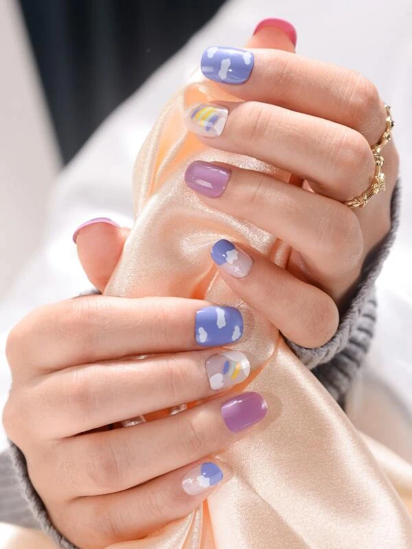 เล็บปลอม ยาว สี่เหลี่ยม การ์ตูน ลาย เมฆ & เทปกาว 1 แผ่น & ตะไบเล็บ 1 ชิ้น 24 ชิ้น c-98