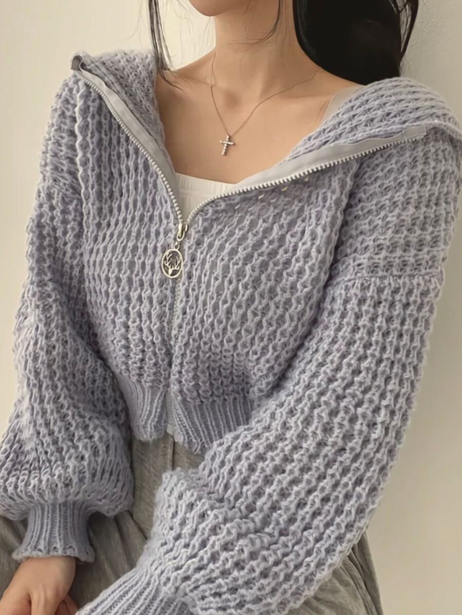 คาร์ดิแกนไหมพรมซิปหน้าแบบมีอู้ด i-9