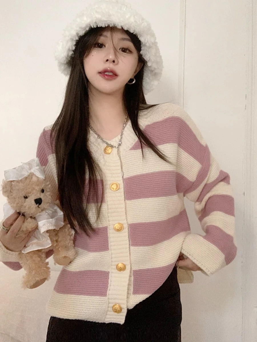 คาร์ดิแกน กว้าง ลายแถบ ไหล่ตก   i-83