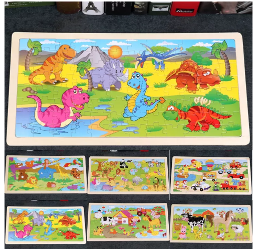 N56-จิ๊กซอว์ไม้รูปสัตว์การ์ตูนสำหรับเด็กพร้อมโครงไม้ 96 ของเล่นเพื่อการศึกษา