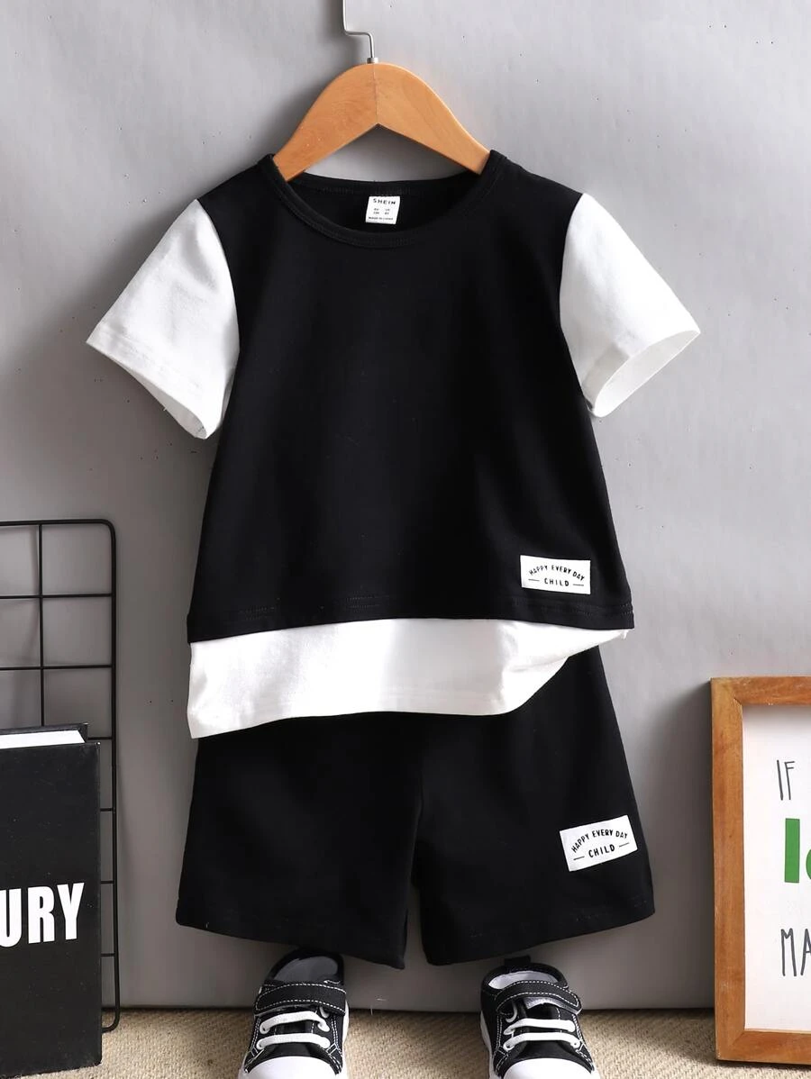 เด็กผู้ชาย เสื้อยืด & กางเกงขาสั้น บล็อคสี สโลแกน รายละเอียด แพทช์ b-74