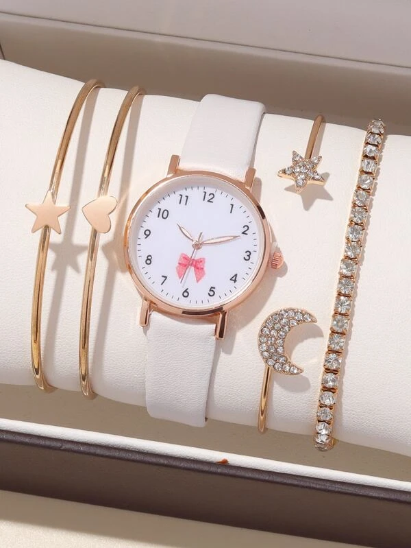 นาฬิกาข้อมือ เครื่องควอตซ์ 1 ชิ้น โบว์ และ สร้อยคอ 4 ชิ้น  น-0145