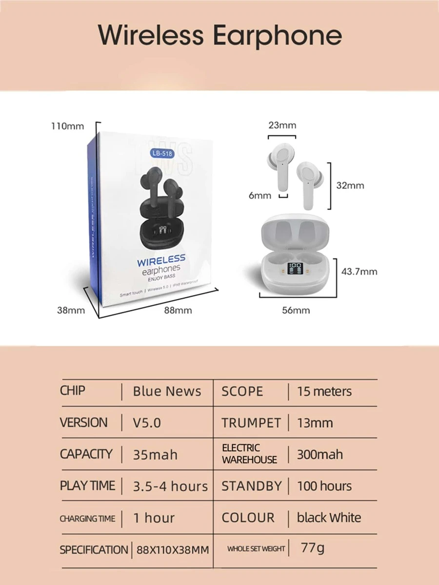 หูฟังไร้สาย จอแสดงผล ดิจิตอล 1 ชิ้น เหมาะกับ Bluetooth  dd-36