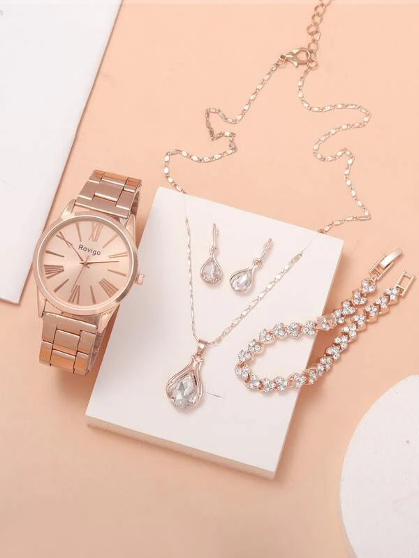 นาฬิกาข้อมือ เครื่องควอตซ์ 1 ชิ้น หน้าปัดกลม และ เซตเครื่องประดับ 4 ชิ้น   น-0147