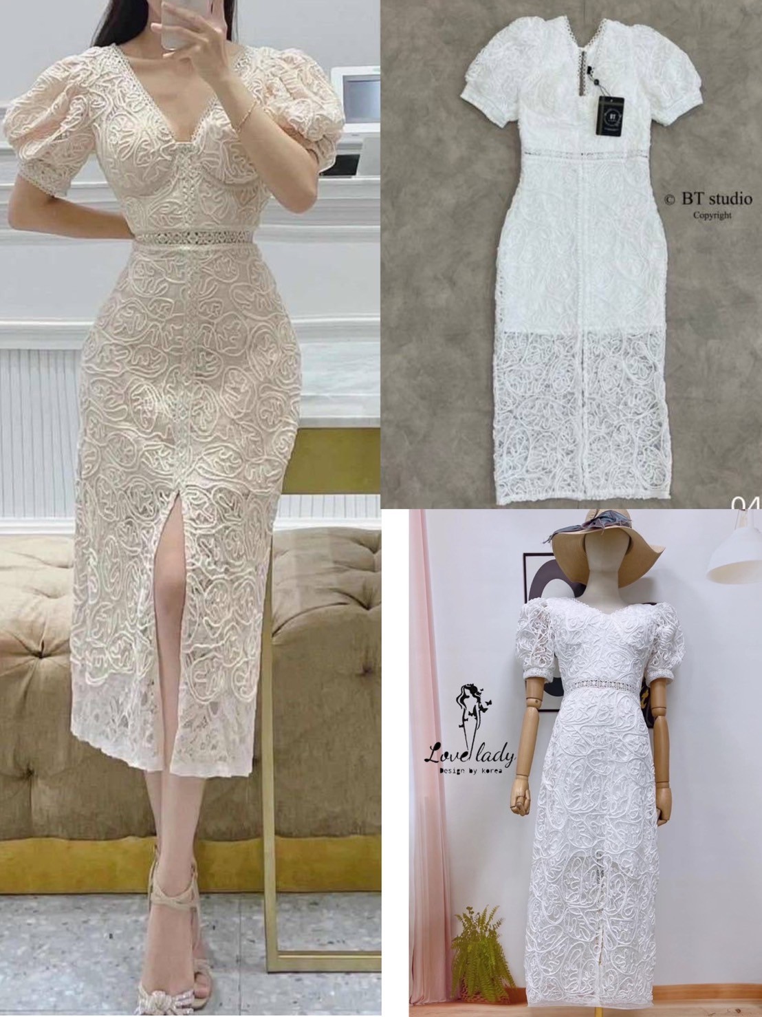เดรสลูกไม้สีขาวงานถักนูน 063