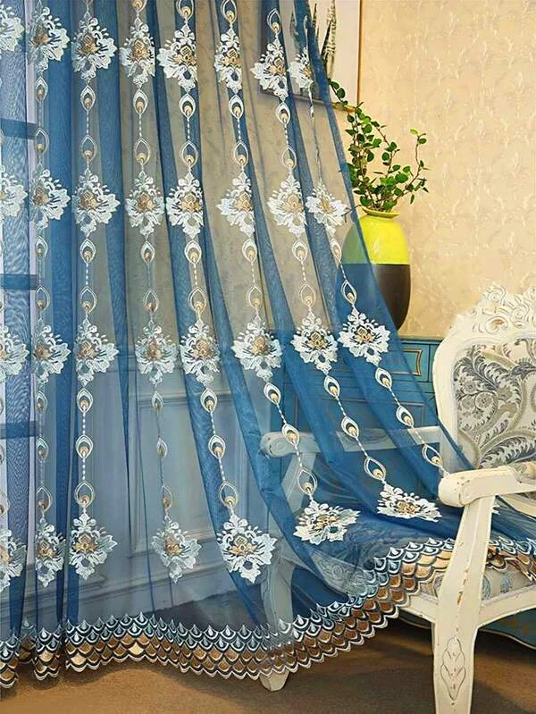 ผ้าม่าน ผ้าโปร่ง ปัก ดอกไม้  ผ145