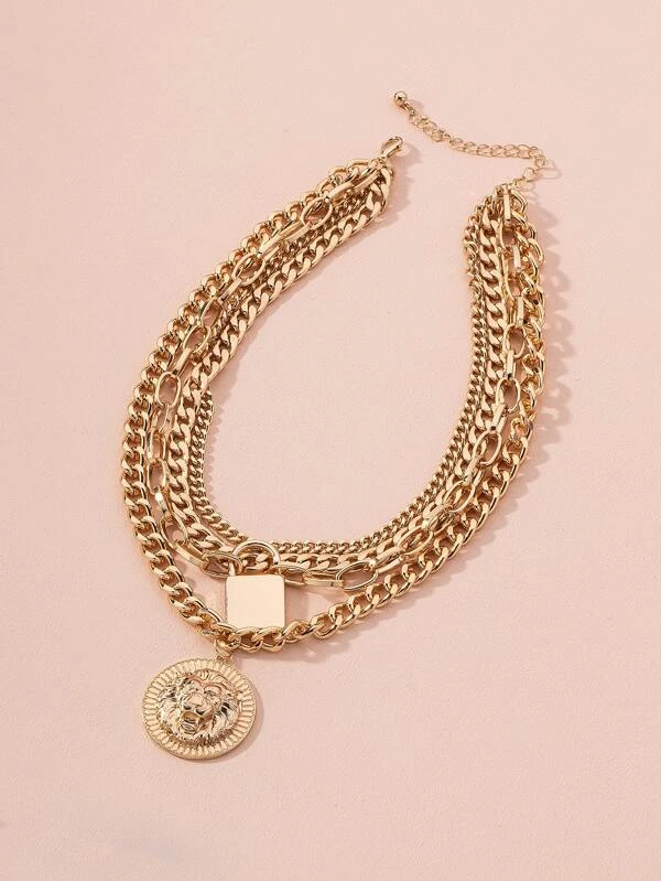 Lion Design Round Charm Layered Necklace kk-193