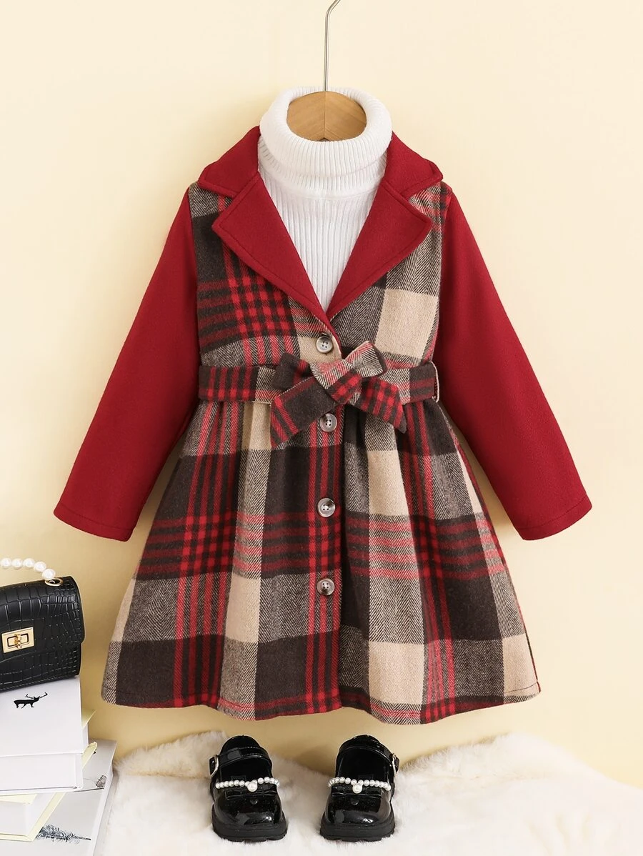 เด็กผู้หญิง เดรสรัดเอวด้วยเข็มขัด ลายสก็อต 1 ชิ้น a-24