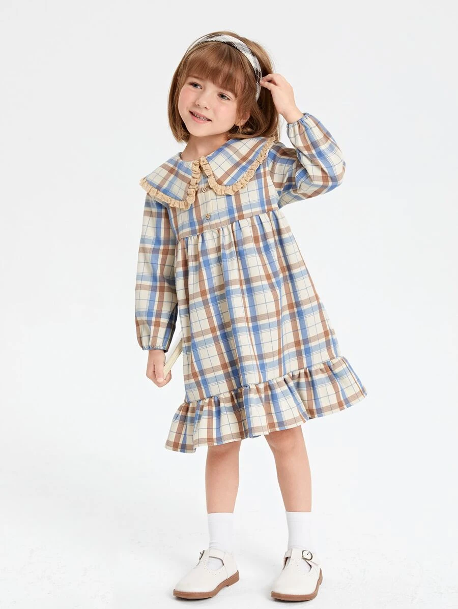 เด็กผู้หญิงวัยหัดเดิน เดรส ลายสก็อต ปกคอบัว ปลายระบาย a-36