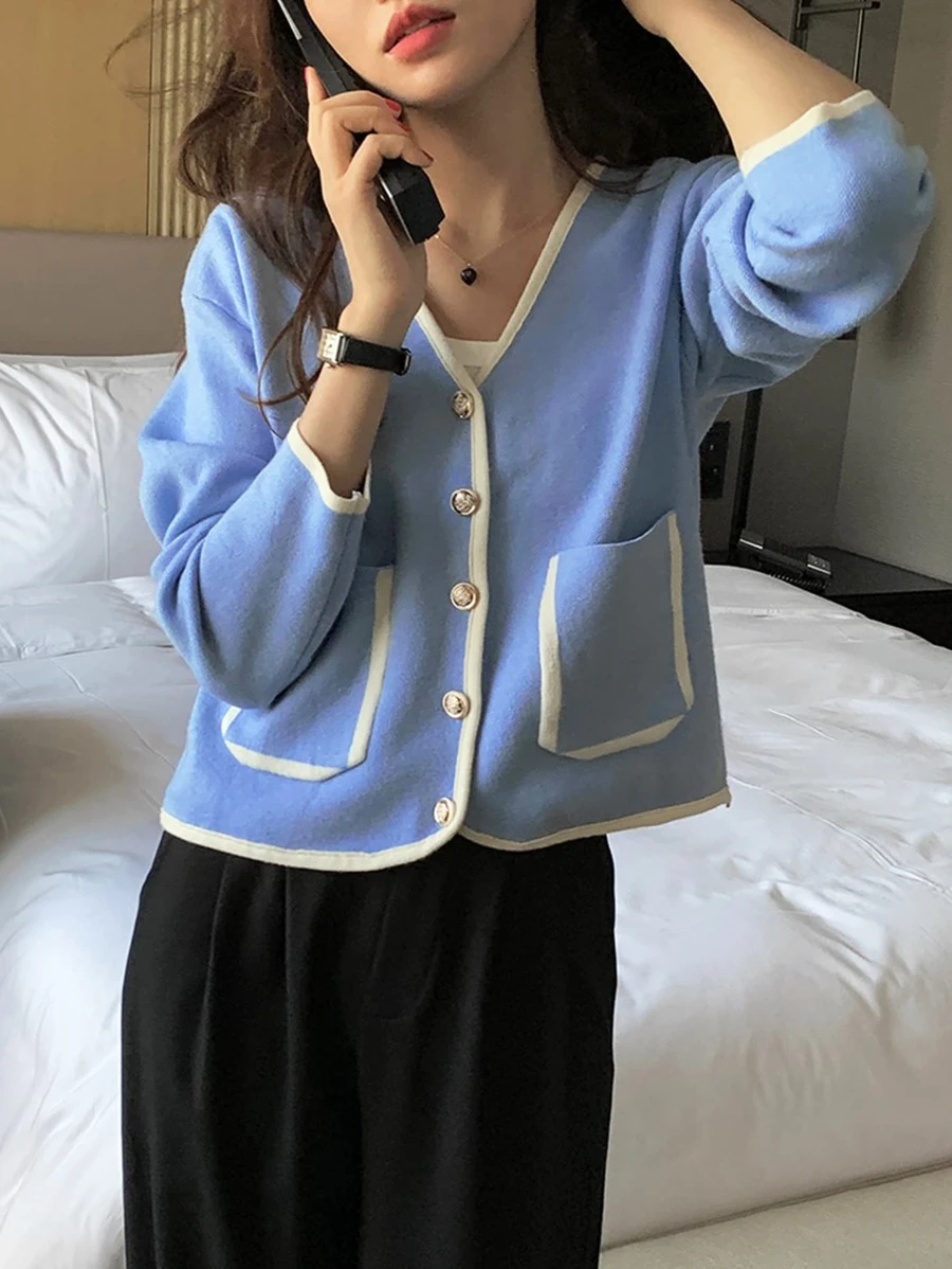 Honeyspot คาร์ดิแกน ขอบสีตัด กระเป๋าคู่  i-53