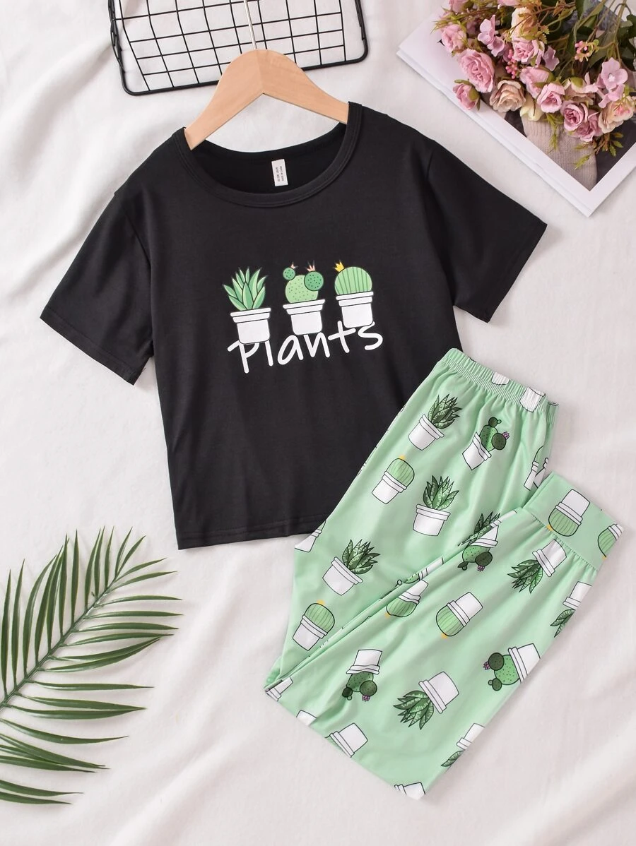 เด็กผู้หญิง เซ็ต ชุดนอน พืช & พิมพ์ ตัวอักษร  bb-36