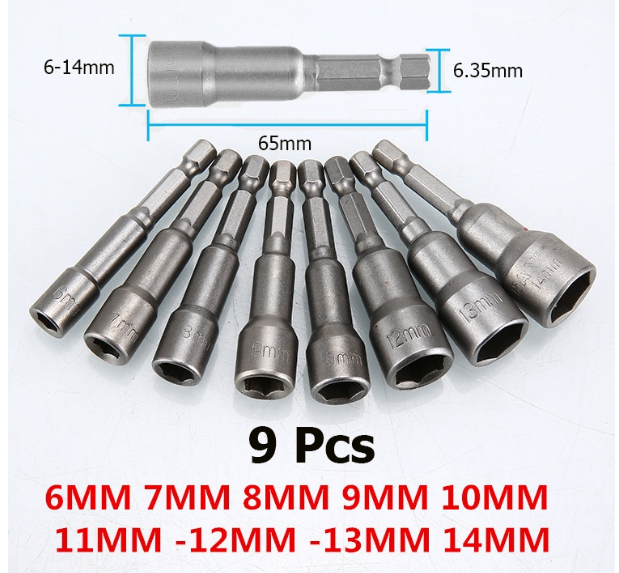 TH199-9Pcs บล็อก บล็อกยิงหลังคา หัวบล็อก แม่เหล็ก บล็อคขันน็อตหลังคา หัวบล็อกจับสกรู หัวบล็อคขันหกเหลี่ยม ลูกบล็อก ต่อกับสว่าน