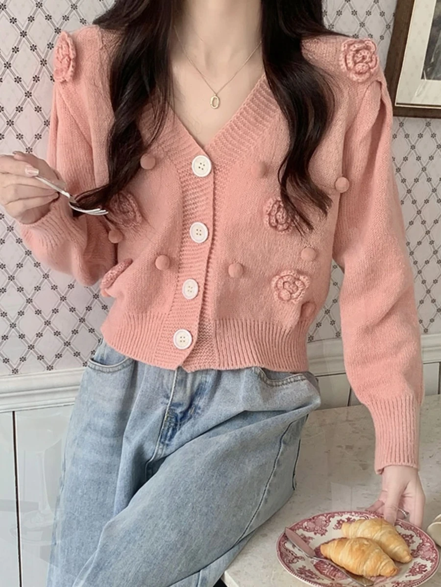 เสื้อคาร์ดิแกน ครอป สีพื้น โครเชต์ ดอกไม้ ปอมปอม  i-71