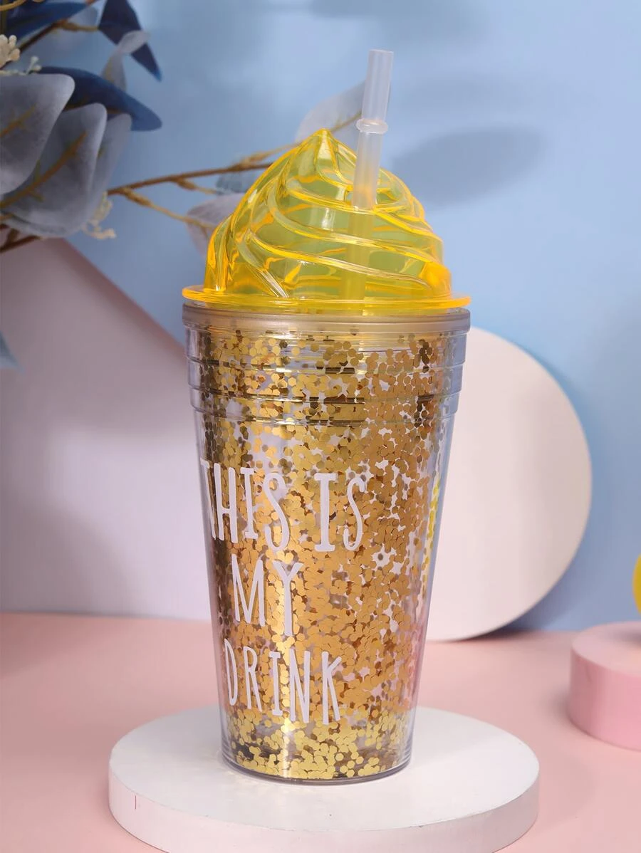 1 ชิ้น ทัมเบลอร์ พร้อม 1 ชิ้น สร้างสรรค์ พิมพ์ สโลแกน ตกแต่งเลื่อม ขวดพร้อมฝา สำหรับ ออฟฟิศ pp-80