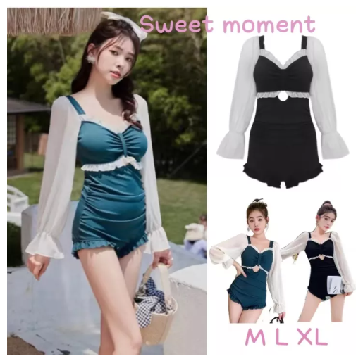 S22 ชุดว่ายน้ำผู้หญิง ชุดว่ายน้ำแขนยาววันพีช ชุดว่ายน้ำน่ารักๆ สไตล์เกาหลี ใส่แล้วดูผอม