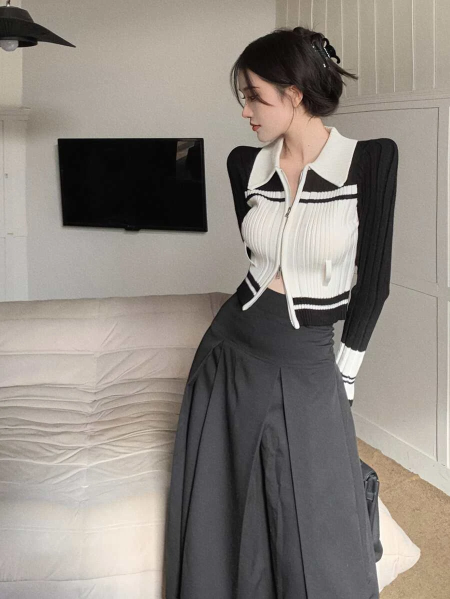 เสื้อคาร์ดิแกน ครอป บล็อกประกบ ซิปเต็ม i-62