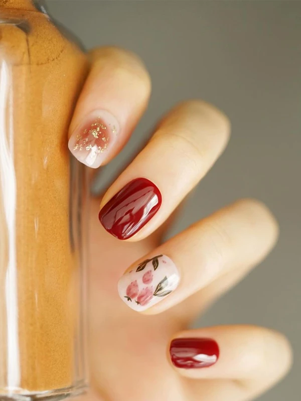 เล็บปลอม สั้น สี่เหลี่ยม พิมพ์ลาย ดอกไม้ 24 ชิ้น & เทปกาว 1 แผ่น & ตะไบเล็บ 1 ชิ้น c-22