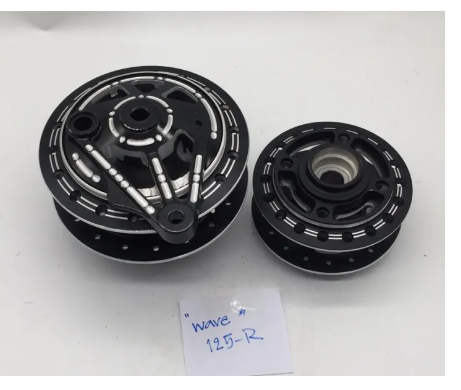 FU35-ดุมเจาะ (เจาะเฟืองสีดำ)ใส่ Honda Wave125R ฝาจานเบรคเสียบ (ดุมหน้า-ดุมหลัง-ดุมสเตอร์-ฝาจานเบรค)ครบชุด