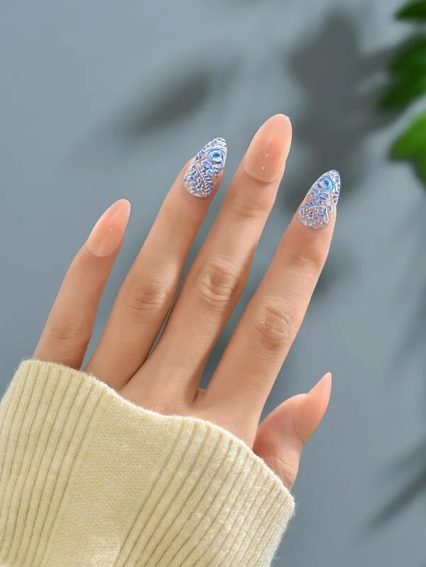 24 ชิ้น ยาว อัลมอนด์ ลาย ดอกไม้ เล็บปลอม & ตะไบเล็บ 1 ชิ้น & 1 แผ่น เล็บ แถบสาย c-95