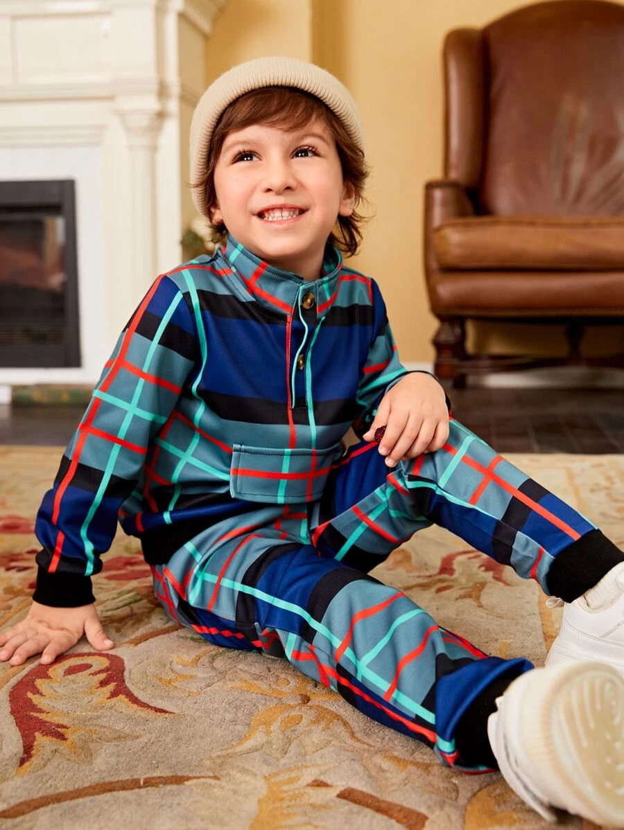 เด็กผู้ชาย เสื้อสวมหัว & กางเกง ลายสก็อต กระดุมไตรมาส b-20