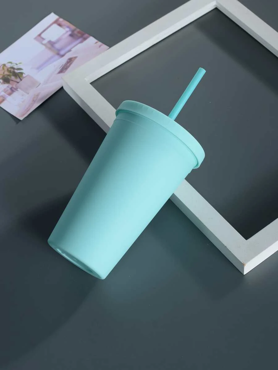 แก้วพกพา 1 ชิ้น 450ml แบบพกพา พลาสติก แก้วเก็บความเย็น ลายเรียบง่าย สีเขียว สำหรับ ในที่ร่ม และ กลางแจ้ง  pp-26