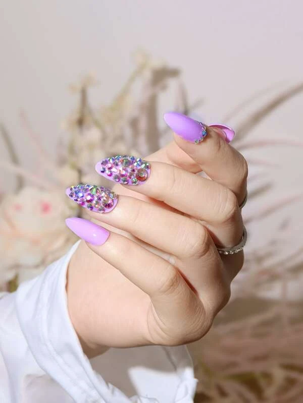 24 ชิ้น ยาว อัลมอนด์ 3D ตกแต่ง พลอยเทียม เล็บปลอม & เทปกาว 1 แผ่น & ตะไบเล็บ 1 ชิ้น c-85